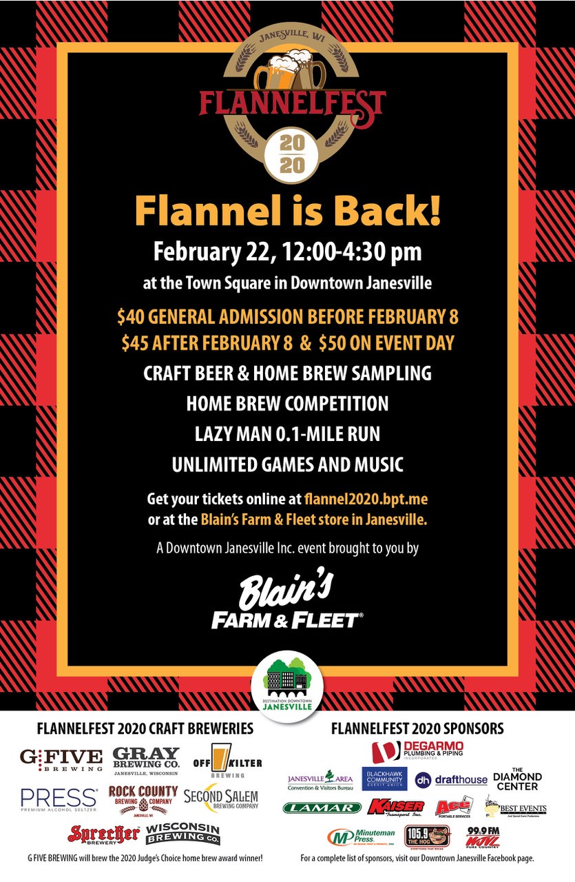 SOLD OUT! Flannel Fest 2020. sponsored by Downtown Janesville Inc.
